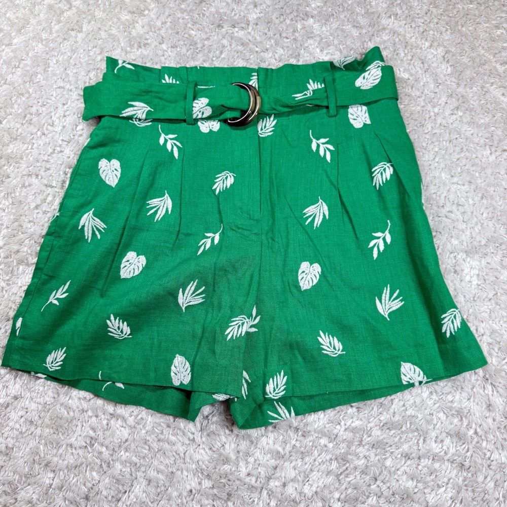 Ann Taylor Shorts 2 Green Leaf Print Belted High Waist Paperbag Linen NWT Brunch